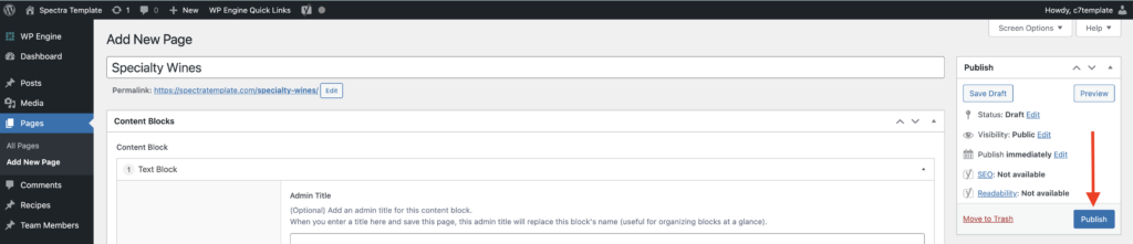 Publishing a page on WordPress